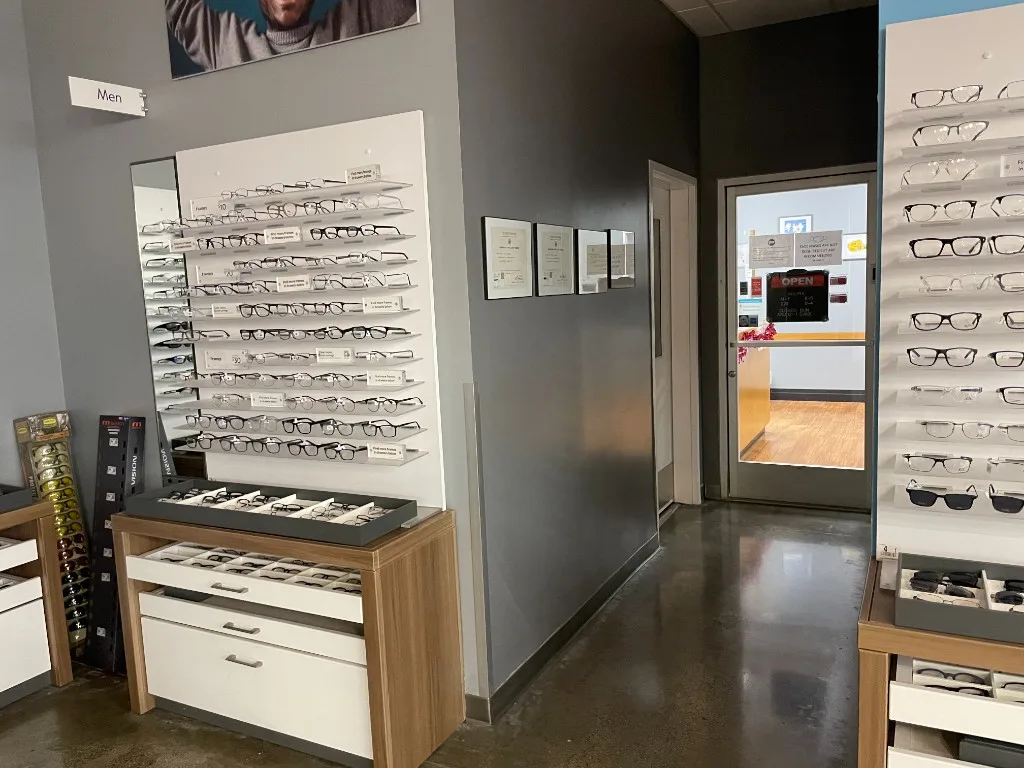 Eyeglass frame selection at Clear Sight Hawaii — men's and women's frames on display in Pearl City